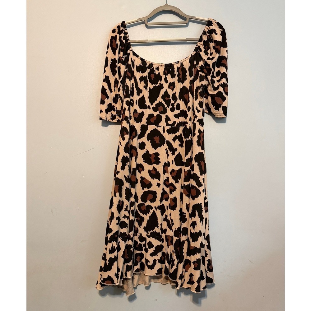 Boohoo Size 20 Leopard Print Puff Sleeve Ruffle Hem Dress Tan Black 1868